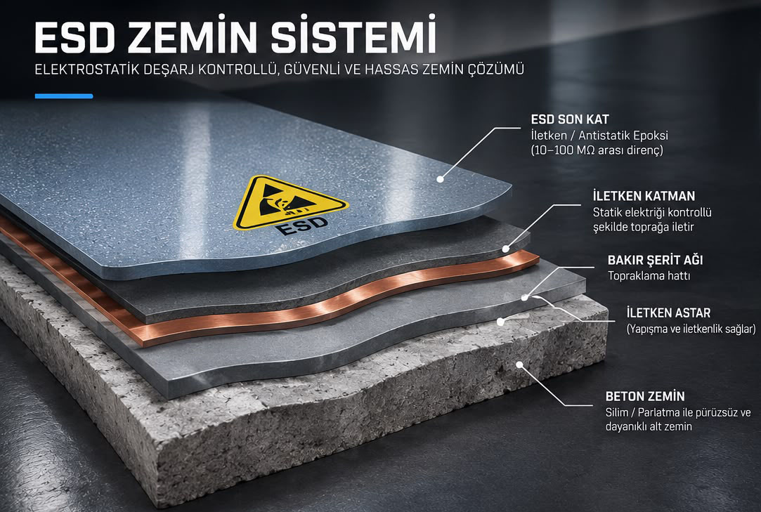 ESD Epoksi Zemin Katmanları ve Bakır Şerit